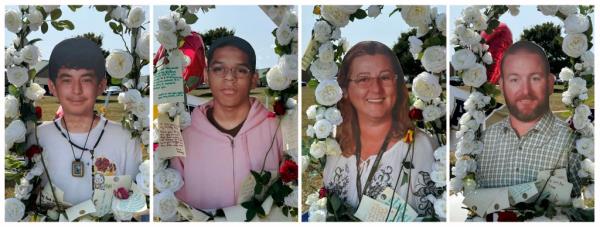 Christian Angulo, Mason Schermerhorn, Cristina Irimie and Richard Aspinwall, displayed at a memorial outside Apalachee High Schoo.