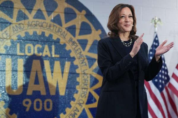 Harris speaking at a campaign rally at United Auto Workers Local 900 in Wayne, Michigan on Aug. 8, 2024.