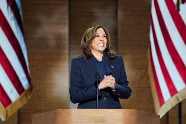 Democratic presidential nominee Kamala Harris delivers her acceptance speech during the final day of the Democratic Natio<em></em>nal Co<em></em>nvention 