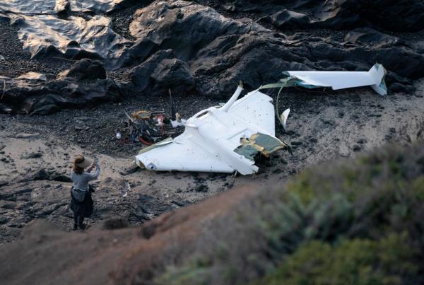 The wreckage is seen after a small plane crashes in the waters off Half Moon Bay on January