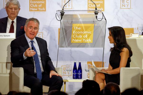 Ken Griffin, Founder and CEO of Citadel, speaks with So<em></em>nali Basak during a meeting of the Eco<em></em>nomic Club of New York on Thursday.