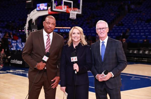 ESPN's new lead NBA booth Mike Breen (r.), Doris Burke (c.) and Doc Rivers (l.) before the Knicks-Celtics game on Oct. 25, 2023.