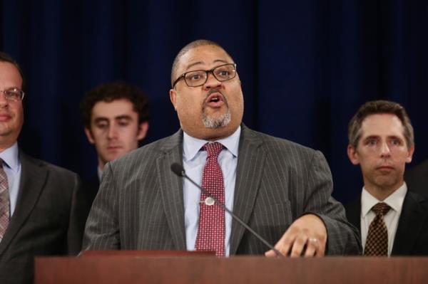 Manhattan District Attorney Alvin Bragg Jr. speaking at a press co<em></em>nference following the co<em></em>nviction of former President Do<em></em>nald Trump