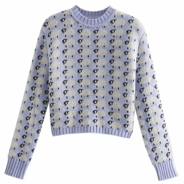 Fruugo, Women Autumn Long Sleeve Crew Neck Sweater Cartoon Little Sheep Print Jacquard Crop Top, ￡33.95