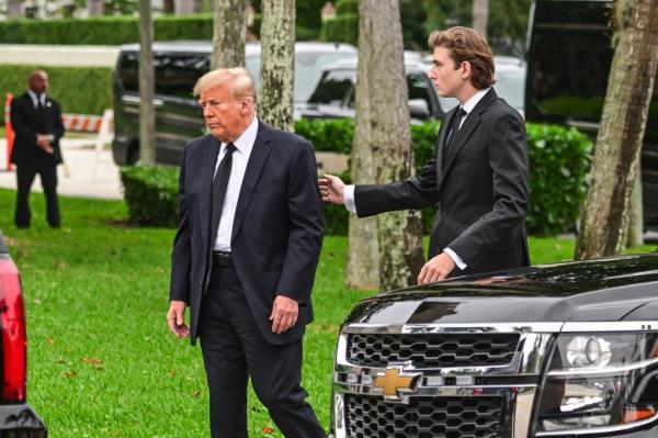 Do<em></em>nald Trump and his son Barron Trump attend the funeral of former first lady Melania Trump's mother Amalija Knavs, at Bethesda-by-the-Sea Church, in Palm Beach, Florida, on January 18, 2024. 