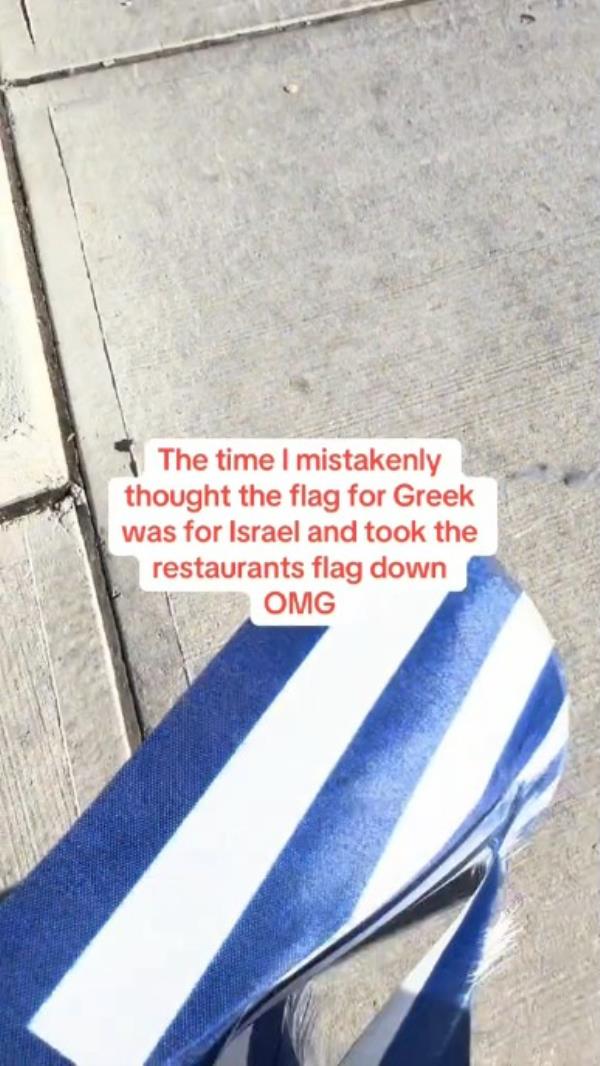 An anti-Israel TikTokker filmed herself tearing down Greek flags outside Efi's Gyro in Montclair, New Jersey, thinking they were Israeli flags.