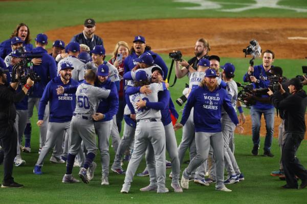 The Los Angeles Dodgers win the World Series and celebrate on the field after the game in Game Five of the 2024 World Series Wednesday, October 30, 2024 at Yankee Stadium in the Bronx, NY. 