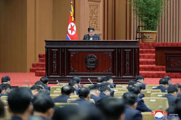 North Korea's leader Kim Jong Un speaks at the 10th session of the 14th Supreme People's Assembly at the Mansudae Assembly Hall in Pyo<em></em>ngyang on Jan 15, 2024. 