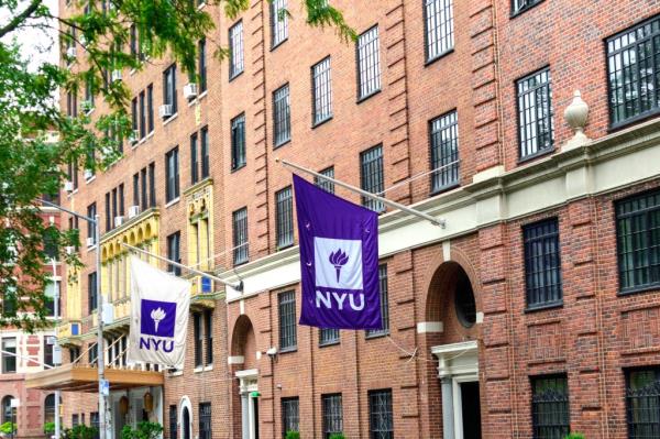 NYU banner on campus building of New York University