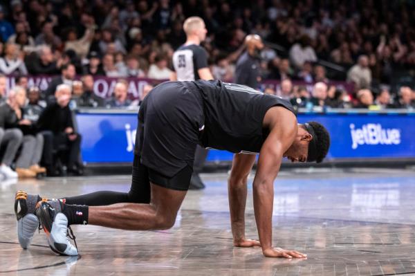 Nets center Day'Ron Sharpe (20) is injured in the second half against the Portland Trail Blazers at Barclays Center, Sunday, Jan. 7.