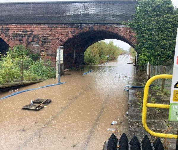 Flooded train tracks.