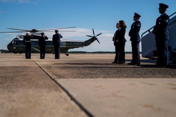 Marine Two, carrying Vice President Kamala Harris and Second Gentleman Doug Emhoff who are traveling to Buffalo, NY for the funeral of Ruth Whitfield, arrives at Joint ba<em></em>se Andrews on Saturday, May 28, 2022 in Joint ba<em></em>se Andrews, MD.