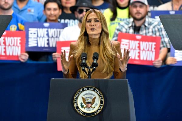 Jennifer Lopez speaking at a Harris rally in Las Vegas on Oct. 31, 2024.