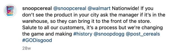 A caption from Snoop Cereal's Instagram. 