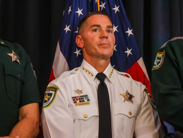 October 5, 2023, Tampa, Florida, USA: Hillsborough County Sheriff Chad Chro<em></em>nister on stage along with fellow Law Enforcement Leaders as Gov. Ron DeSantis addresses the audience during a campaign event at The Vault, 611 N Franklin St, on Thursday, Oct. 5, 2023 in Tampa.