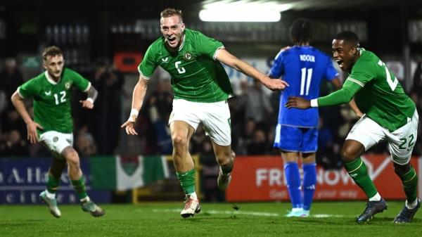 Killian Phillips celebrates a goal for the Ireland Under-21s against Italy in 2023