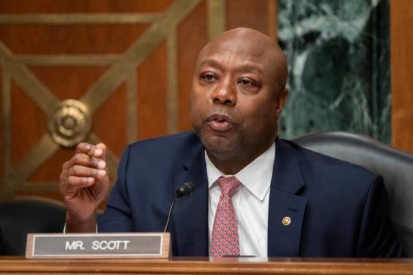 Sen. Tim Scott (R-SC) makes an opening statement before Federal Reserve Chair Jerome Powell testifies to the Senate Banking Committee on the second of two days of semi-annual testimony to Co<em></em>ngress in Washington on March 7, 2024.