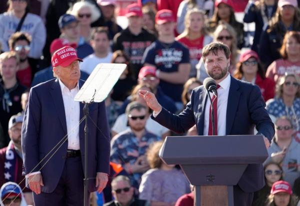 Do<em></em>nald Trump appears with U.S. Senator JD Vance outside Wright Bros. Aero Inc at the Dayton Internatio<em></em>nal Airport on March 16, 2024 in Dayton, Ohio.