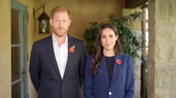 Prince Harry and Meghan Markle standing together in a video ho<em></em>noring Veteran's Day