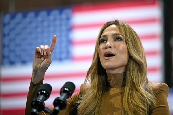 US singer Jennifer Lopez speaks during a campaign rally for US Vice President and Democratic presidential candidate Kamala Harris at the Craig Ranch Amphitheater in Las Vegas, Nevada, on October 31, 2024.