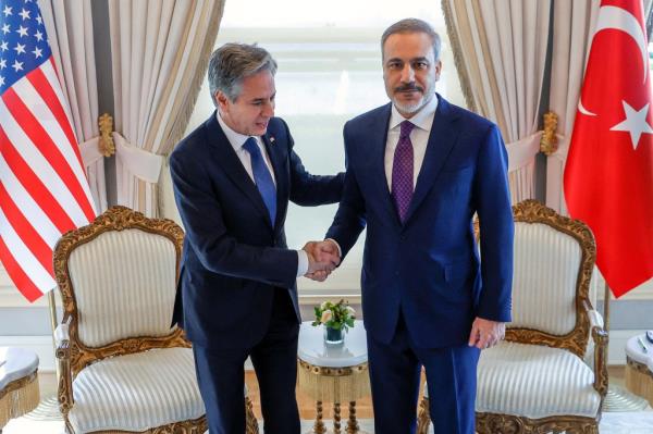 U.S. Secretary of State Antony Bl<em></em>inken shakes hands with Turkish Foreign Minister Hakan Fidan, at Vahdettin, a private residence of the Presidency, in Istanbul, Turkey, January 6, 2024.