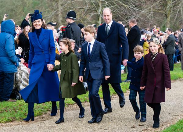 British Royal family including Prince William, Duke of Cambridge, Catherine, Princess of Wales, and their children, attending Christmas Morning Service at Sandringham Church