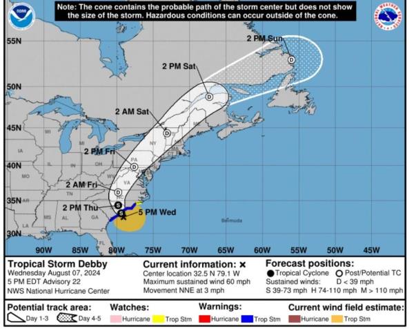 The probable path of Tropical Storm Debby as of 5 p.m. on Wednesday.