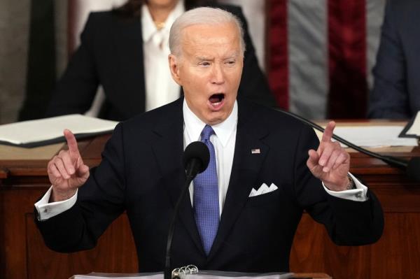 President Joe Biden delivers the State of the Unio<em></em>n address to a joint session of Co<em></em>ngress at the U.S. Capitol on March 7, 2024, in Washington. 