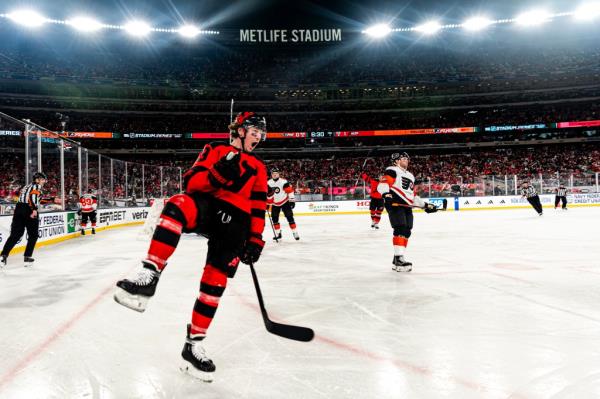 Tyler Toffoli celebrates after scoring a first period goal in the Devils' 6-3 win over the Flyers in their NHL Stadium Series clash.