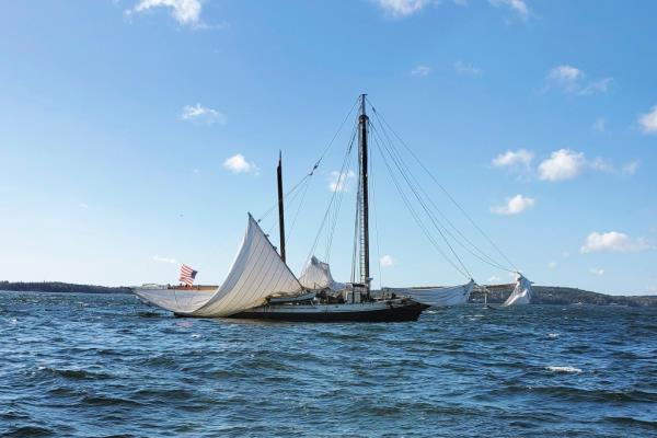 The 118 foot Grace Bailey was towed into the Rockland Harbor after the mast split under sail. One passenger was killed