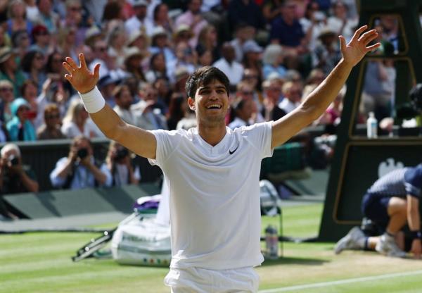 Spain's Carlos Alcaraz celebrates winning his men's singles final against Serbia's Novak Djokovic.