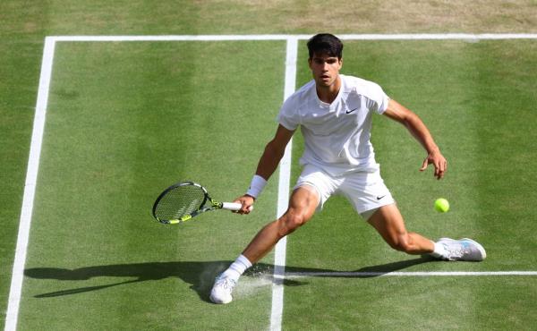 Spain's Carlos Alcaraz in action during the men's singles final against Serbia's Novak Djokovic.