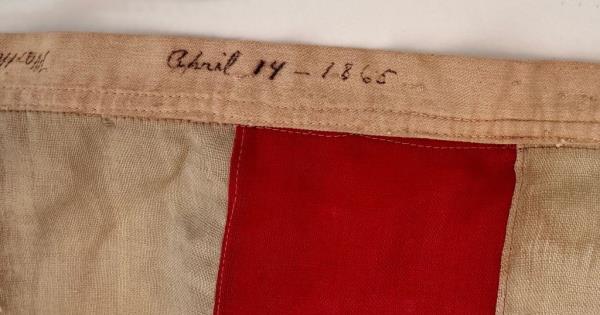 Close-up view of Abraham Lincoln's Funeral Train Coffin Flag, an item of Presidential memorabilia, to be auctio<em></em>ned in NYC