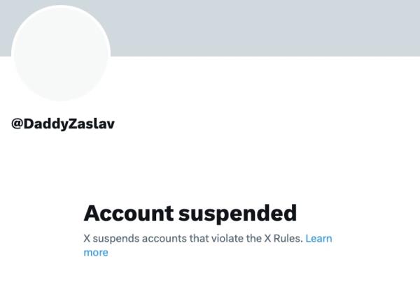 @DaddyZaslav, a parody account that uses the name of Warner Bros. Discovery CEO David Zaslav, was banned as of Tuesday. It's not clear when exactly the account was yanked from X.