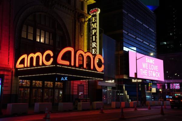 A billboard meant to boost AMC stock prices as seen on 42nd Street in the Times Square section of New York, NY on May 28, 2021.