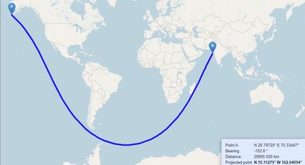 A map shared on X showed it is possible to sail from India to the U.S. in a straight line, and has mind-boggled social media users.</p>

<p>　　