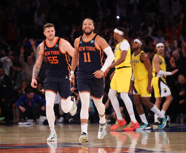 Jalen Brunson of the New York Knicks reacts after shooting the ball during a game against the Indiana Pacers at Madison Square Garden.