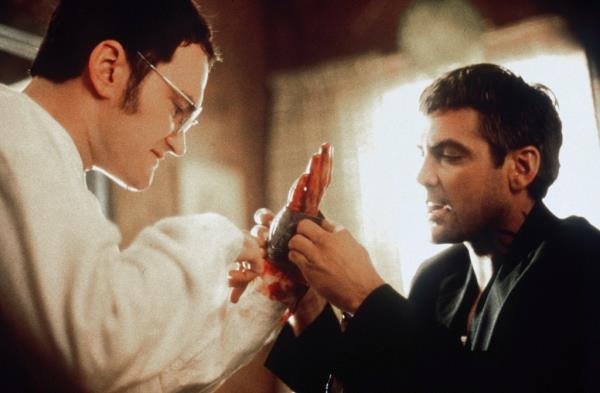 American actors Quentin Tarantino and George Cloo<em></em>ney on the set of From Dusk Till Dawn, directed and produced by Robert Rodriguez. 