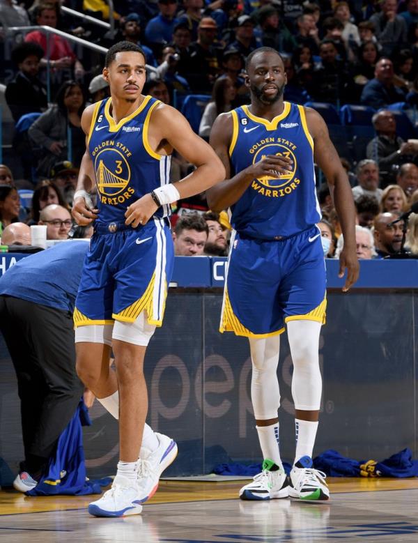 Jordan Poole #3 and Draymond Green #23 of the Golden State Warriors looks on during the game against the Orlando Magic  on January 7, 2023 at Chase Center in San Francisco, California.  