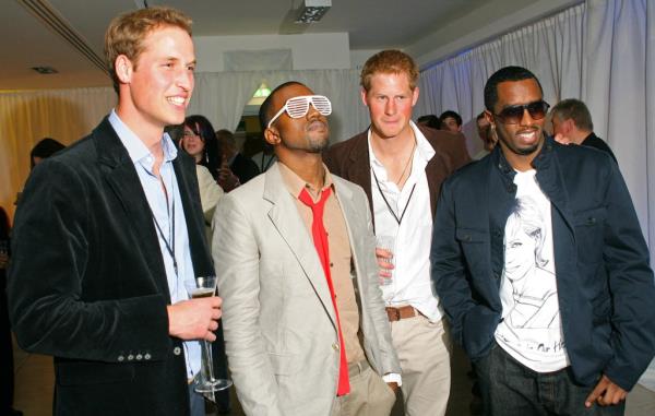 Prince William, Kanye West, Prince Harry and Diddy at the Wembley Arena in Lo<em></em>ndon on July 1, 2007