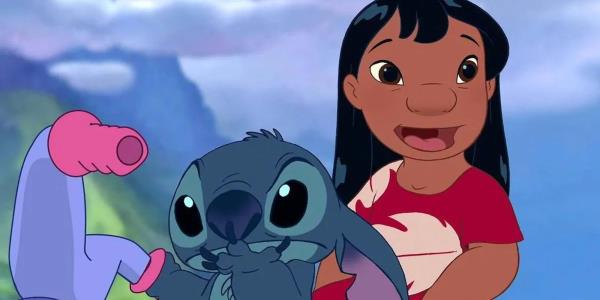 Stitch and Lilo on her bike, with Stitch looking thoughtful and Lilo smiling, in Lilo and Stitch