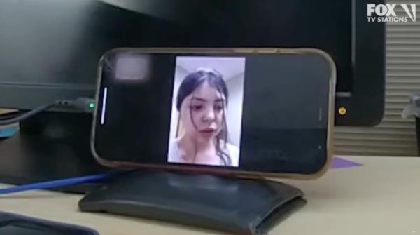 Missing girl Alicia Navarro, 18, is seen talking to police in her hometown of Glendale, Arizona, via video after she turned up in a remote Mo<em></em>ntana town. 