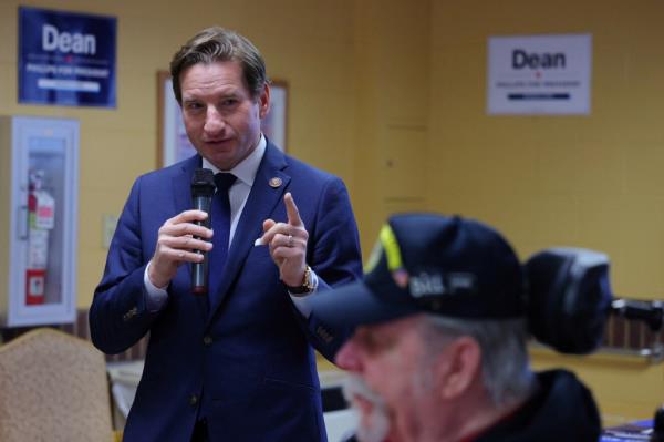 Democratic presidential candidate U.S. Representative Dean Phillips (D-MN) speaks during a campaign stop at the New Hampshire Veterans Home in Tilton, New Hampshire.