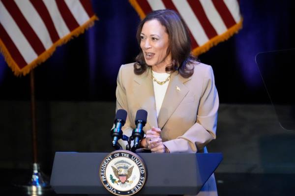 Vice President Kamala Harris delivering remarks at a campaign event in Pittsfield, Massachusetts, 2024, standing at a podium with microphones