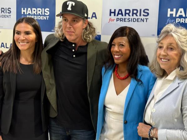 Group of Kamala Harris supporters in Las Vegas, including Assemblywoman Sandra Jauregui, DJ Ryan Hamilton, Dr. Christina Madison, and U.S. Rep. Dina Titus