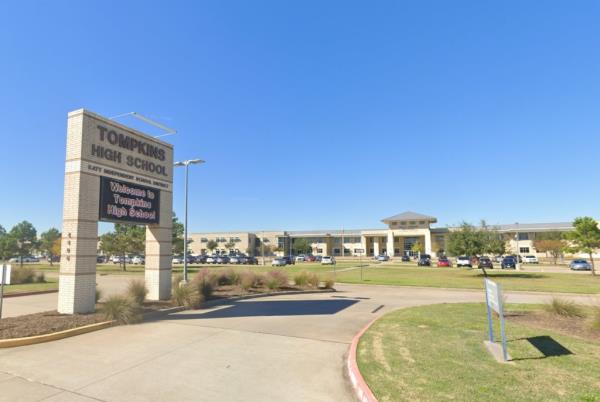 Sign in front of Tompkins High School, Katy, Texas wher<em></em>e Stone teaches