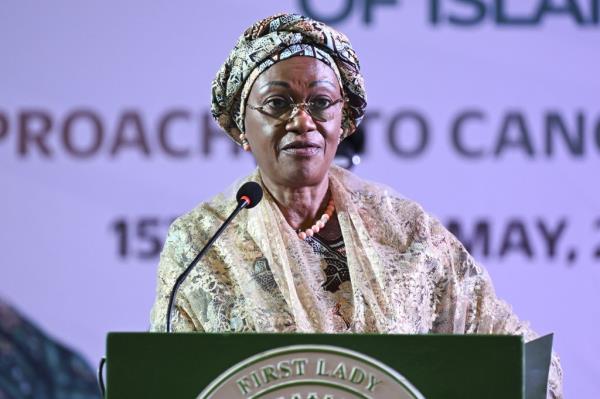  First Lady of Nigeria Oluremi Tinubu makes a speech during the program for Promoting Awareness Against Cancer in Organization of Islamic Cooperation (OIC) African Member States in Abuja, Nigeria on May 16, 2024.