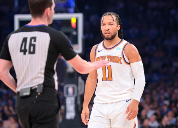 Jalen Brunson reacts during the Knicks' loss to the Celtics on Oct. 25, 2023.