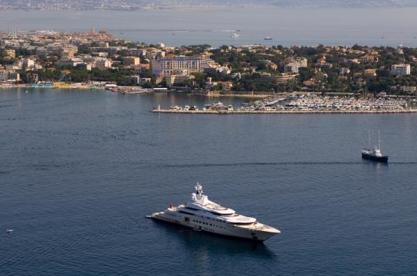 Pelorus, Yacht of Roman Abramovich, outside Juan-les-Pins, Cap d'Antibes, View from Helicopter, Cote d'Azur, France