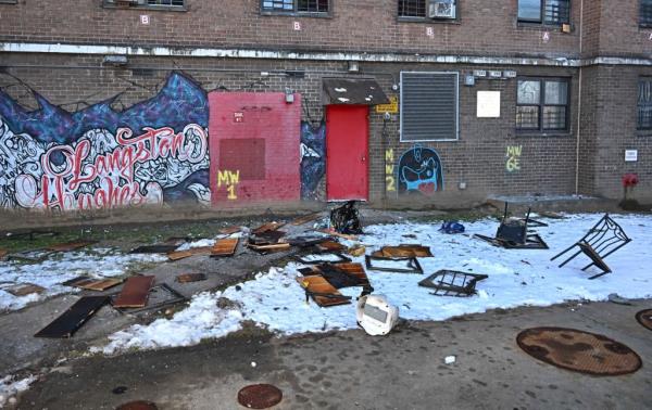 The scene of the fire on the grounds of NYCHA’s Langston Hughes apartments on Sutter Avenue in Brownsville.